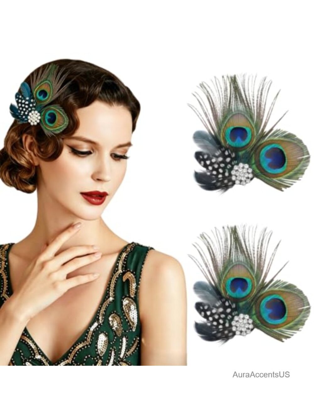Peacock Feather Hair Clip Pins with Rhinestones Retro Bridal Party